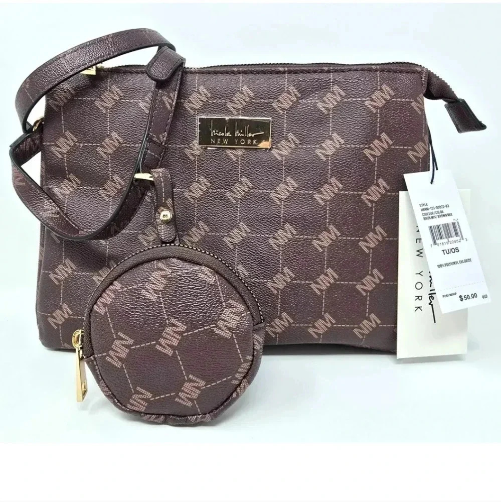 Nicole Miller NY Brown Logo Crossbody purse & Earbud Case Vegan Leather NWT!